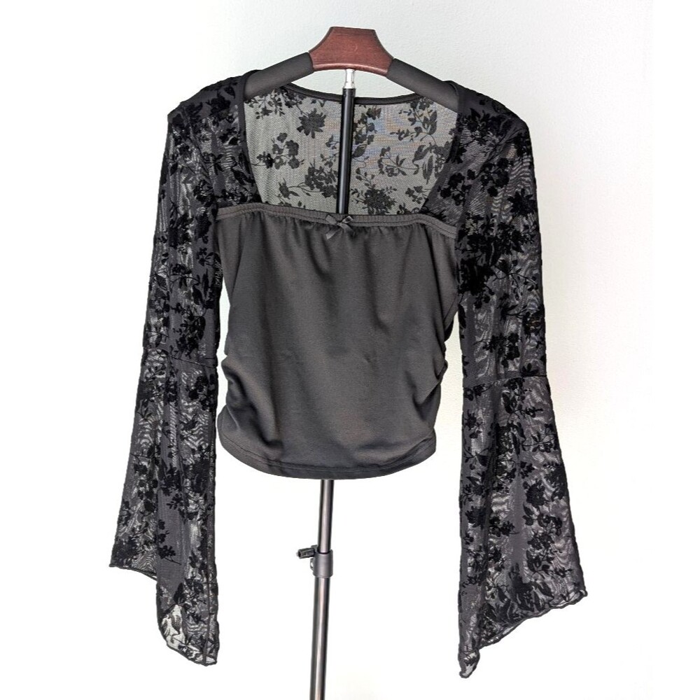 Black Velvet Floral Mesh Bell Sleeve Square Neck Ruched Top Witchy Whimsigoth